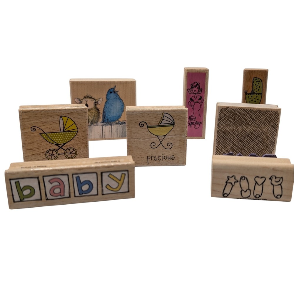 Wood Mounted Rubber Stamp Set Baby Pregnancy Nursery Shower Craft Eight‎ Pieces